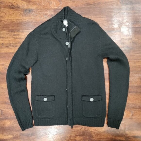 DKNY Classic Black Knit Sweater Men's Medium Button Zipper Front Pockets Ribbed - Picture 2 of 10